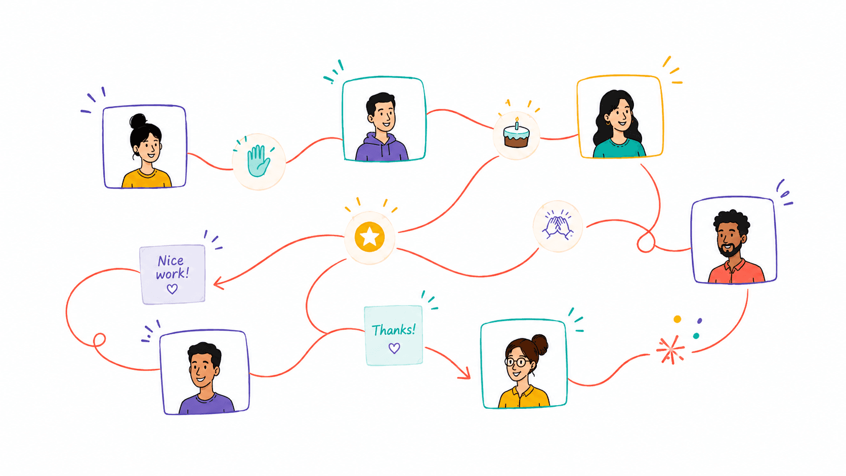 Illustration showing team members connected through recognition and celebration moments