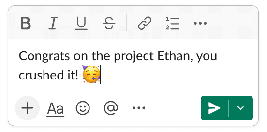 Plain text Slack message showing a standard congratulatory note before using Faxie recognition